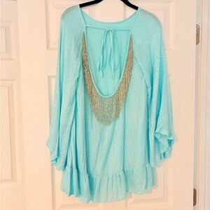 Elegant Aqua Women's Top with Fringe Detail